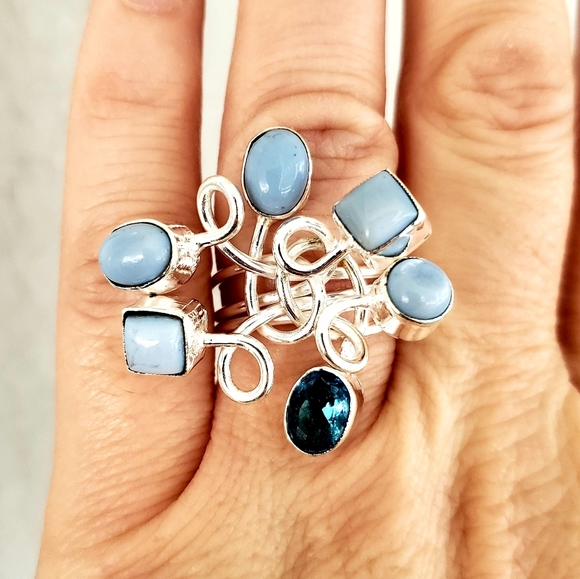 New Twisted Owyhee Opal & Blue Topaz Silver Ring. - Picture 3 of 8